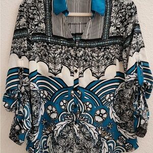 Express Black and Blue Patterned Portofino Blouse